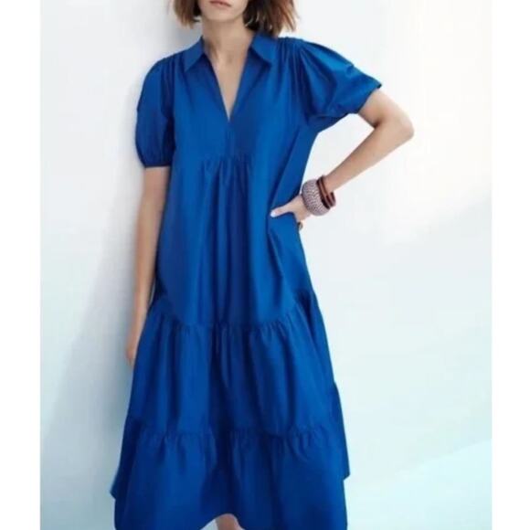Zara Cotton Poplin Midi Dress Medium Cobalt Royal Blue Collared Tiered Preppy - Picture 5 of 12